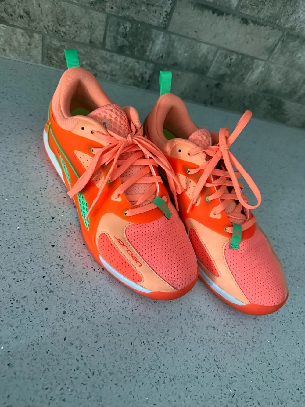 Jordan Men's Neon Orange Athletic Sneakers with Green Accents